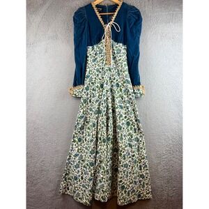 Vintage 60 GUNNE SAX Black Label Blue Velvet Floral Prairie Renaissance Dress 7